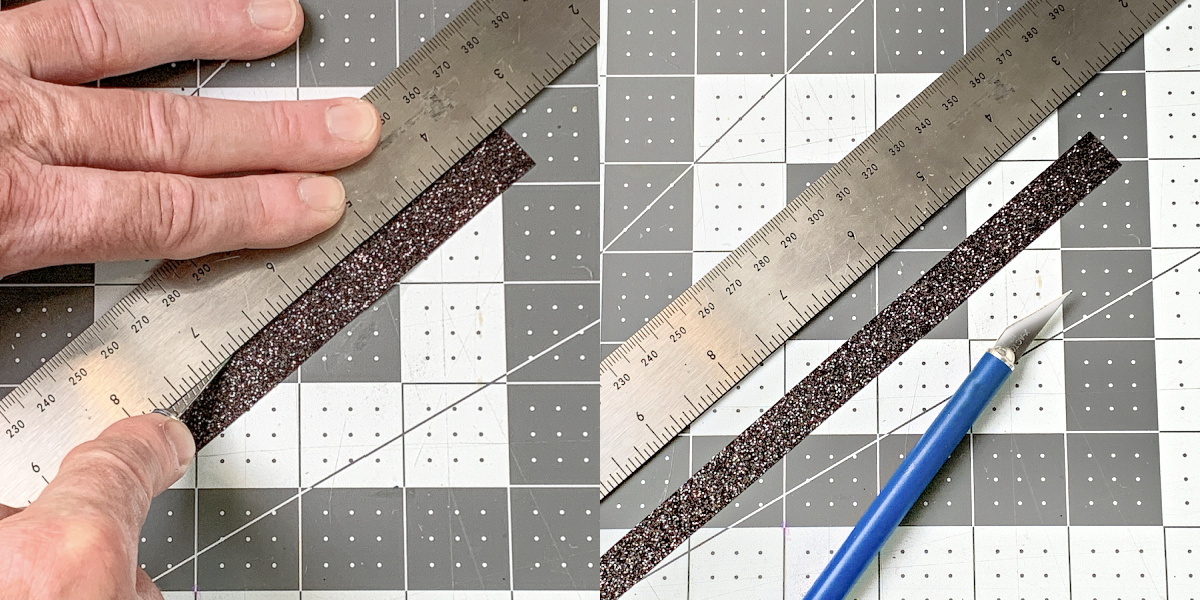 Cutting a piece of black ribbon with a craft knife and ruler