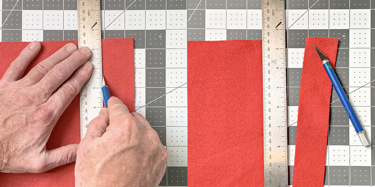 Cutting a strip of red felt with scissors and a craft knife