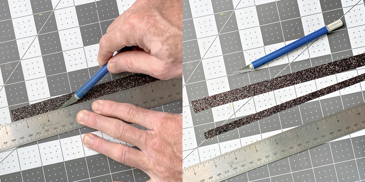 Cutting black glitter ribbon with a craft knife and ruler