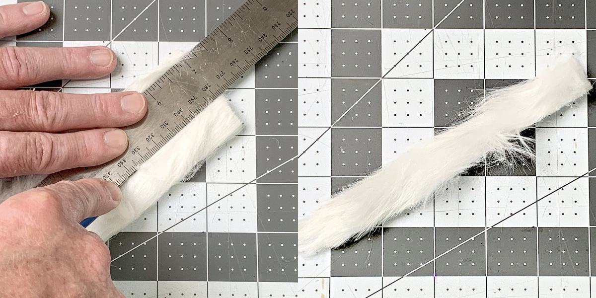 Cutting faux fur ribbon with a craft knife and ruler