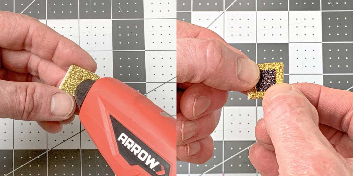 Hot gluing a Santa belt buckle together with ribbon and foam