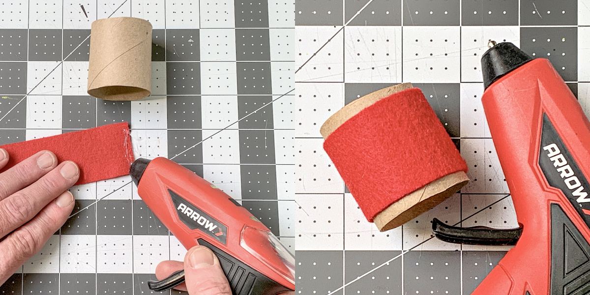 Hot gluing felt around a toilet paper roll