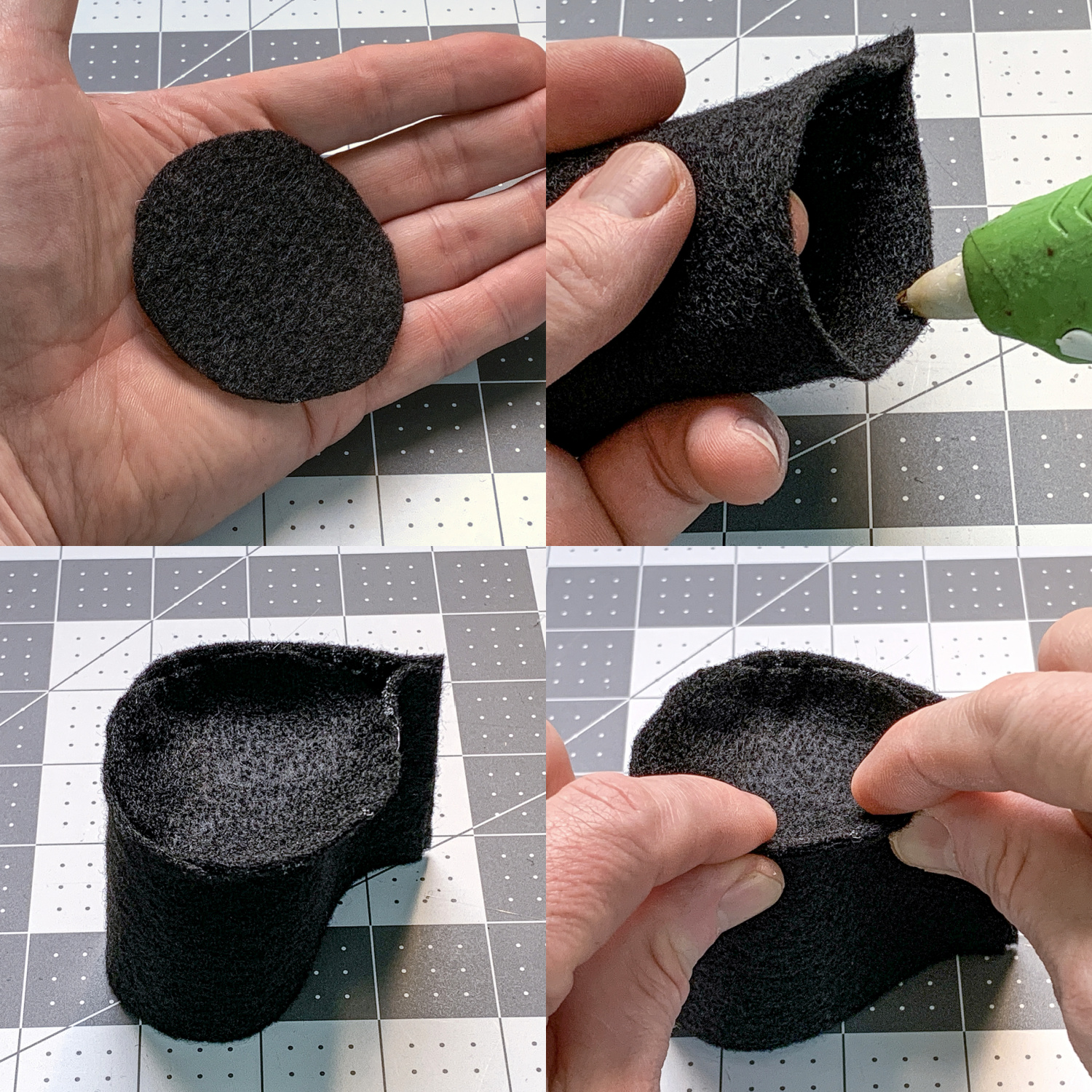 Hot gluing felt together to make the top of a snowman's hat