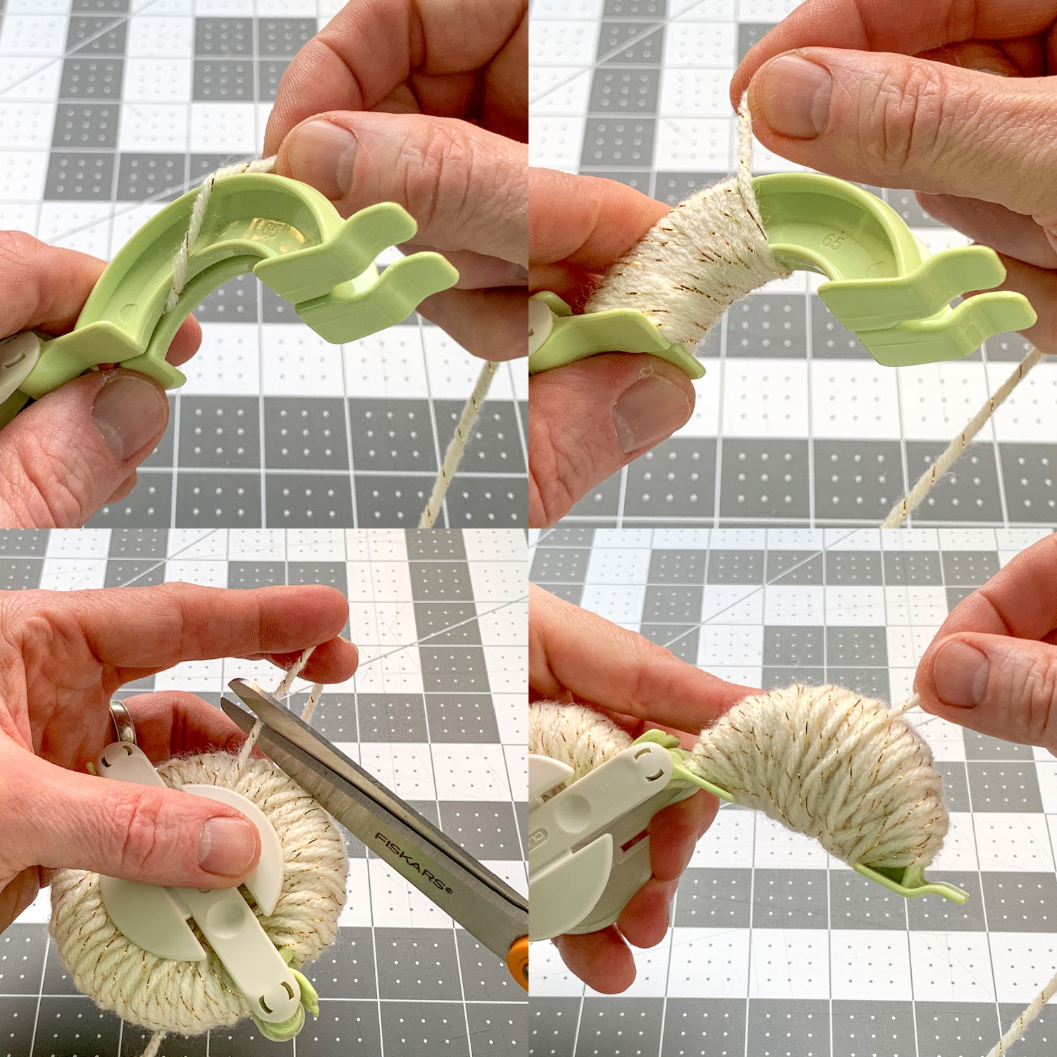 Wrapping yarn on a pom pom maker and trimming with scissors