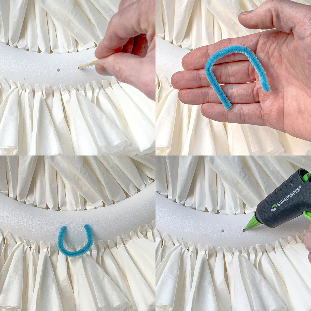 Adding a pipe cleaner hanger to the back of the wreath form with a glue gun