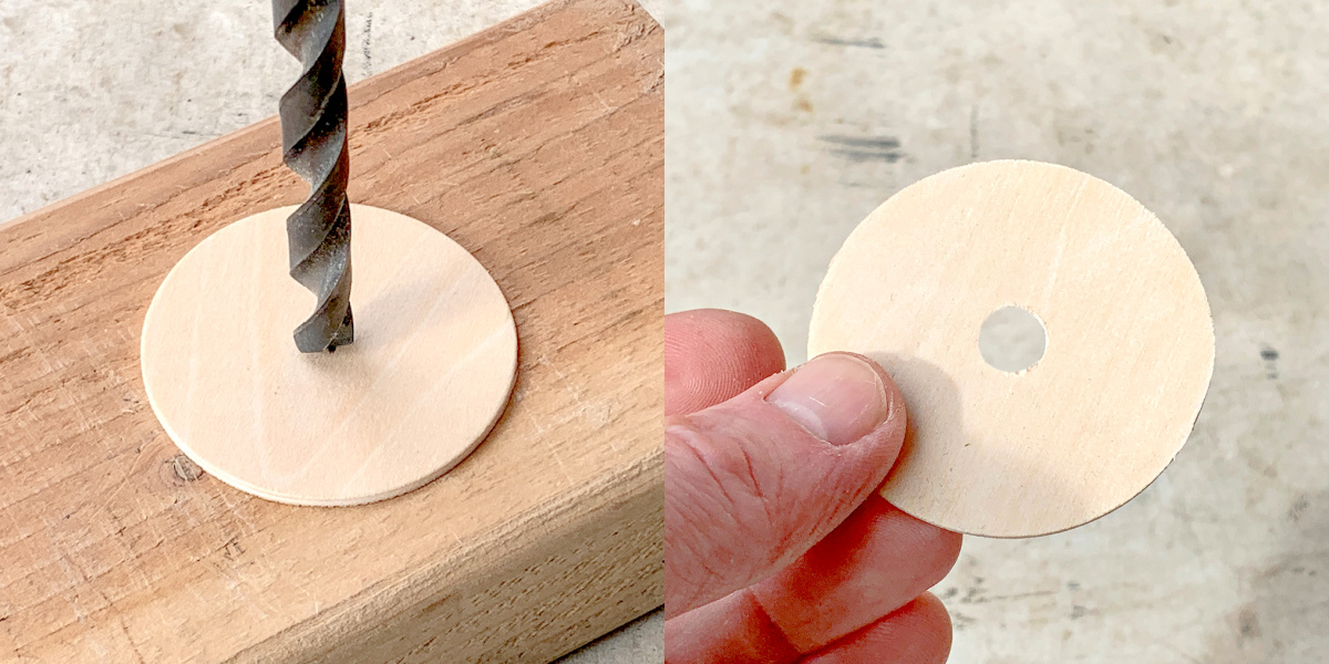 Drilling a hole into the center of a wood circle