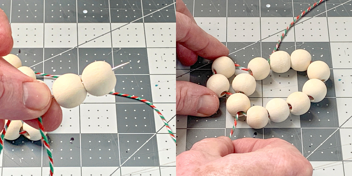 Stringing two beads onto the wood bead circle