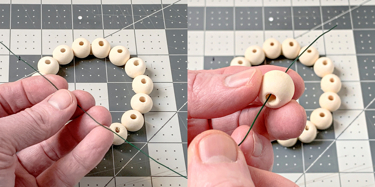 Threading wood beads onto floral wire