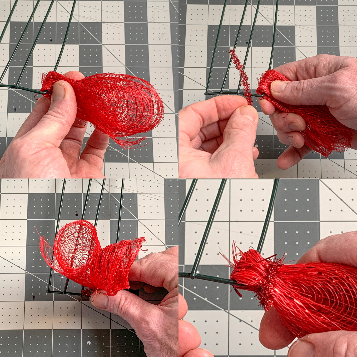 Attaching a piece of red deco mesh around the end of the wreath form