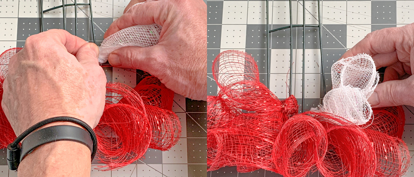 Attaching white deco mesh to the wreath for using a pipe cleaner