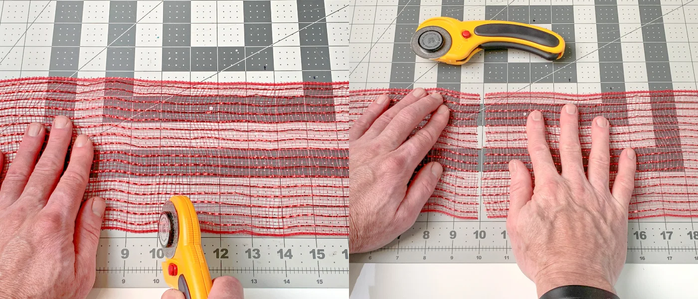 Cutting a 10 inch piece of deco mesh with a rotary cutter