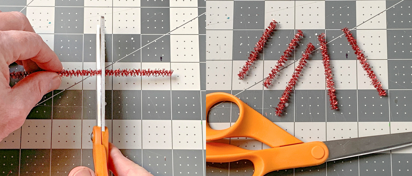 Cutting a pipe cleaner into pieces with scissors