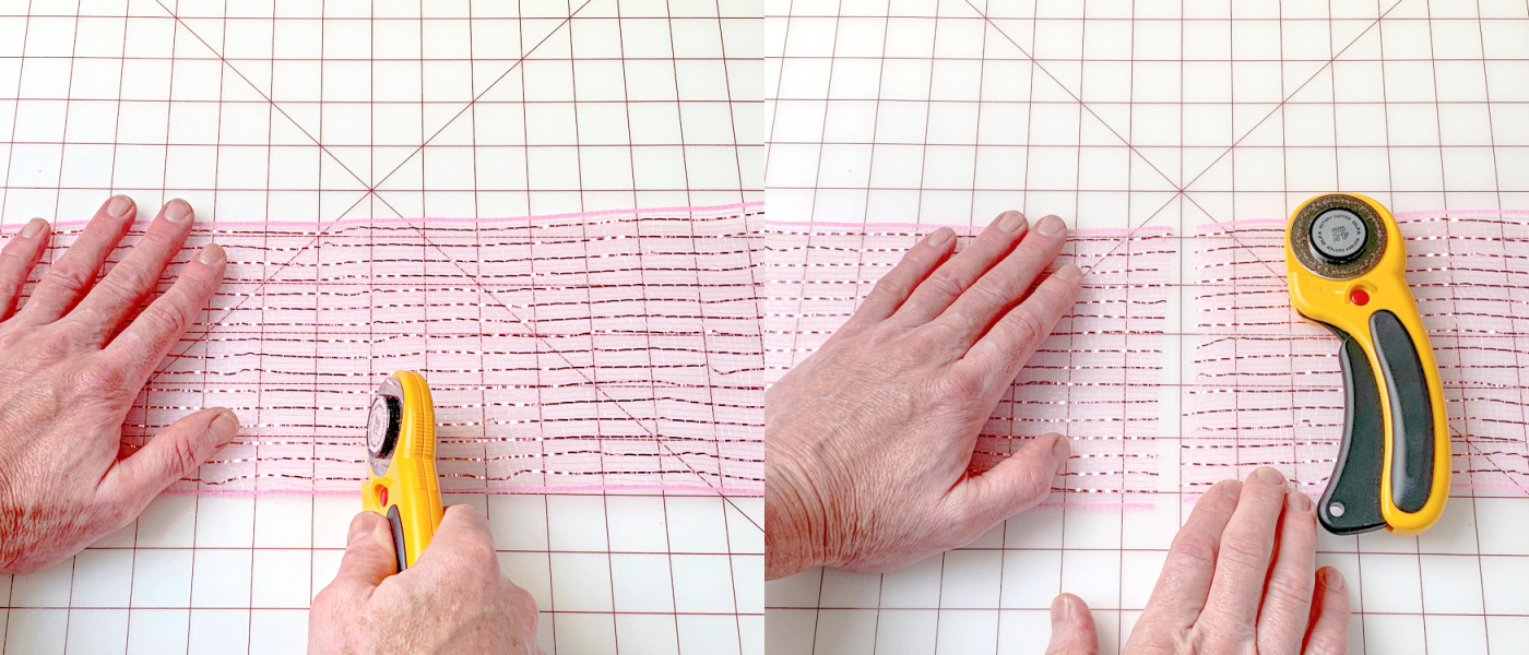 Cutting pink deco mesh with a rotary cutter