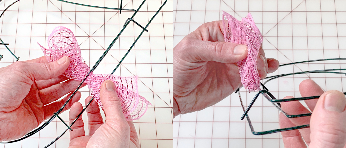 Hands wrapping a piece of mesh around the wire wreath form