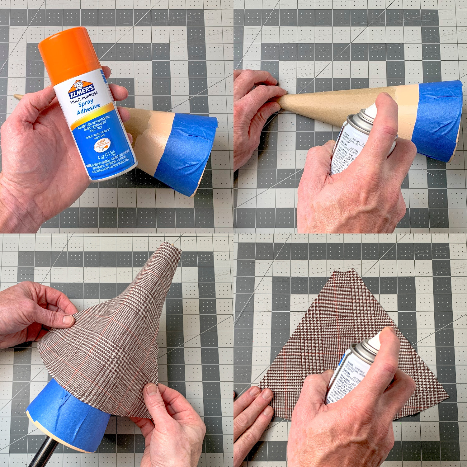 Applying herringbone fabric to the cone using spray adhesive