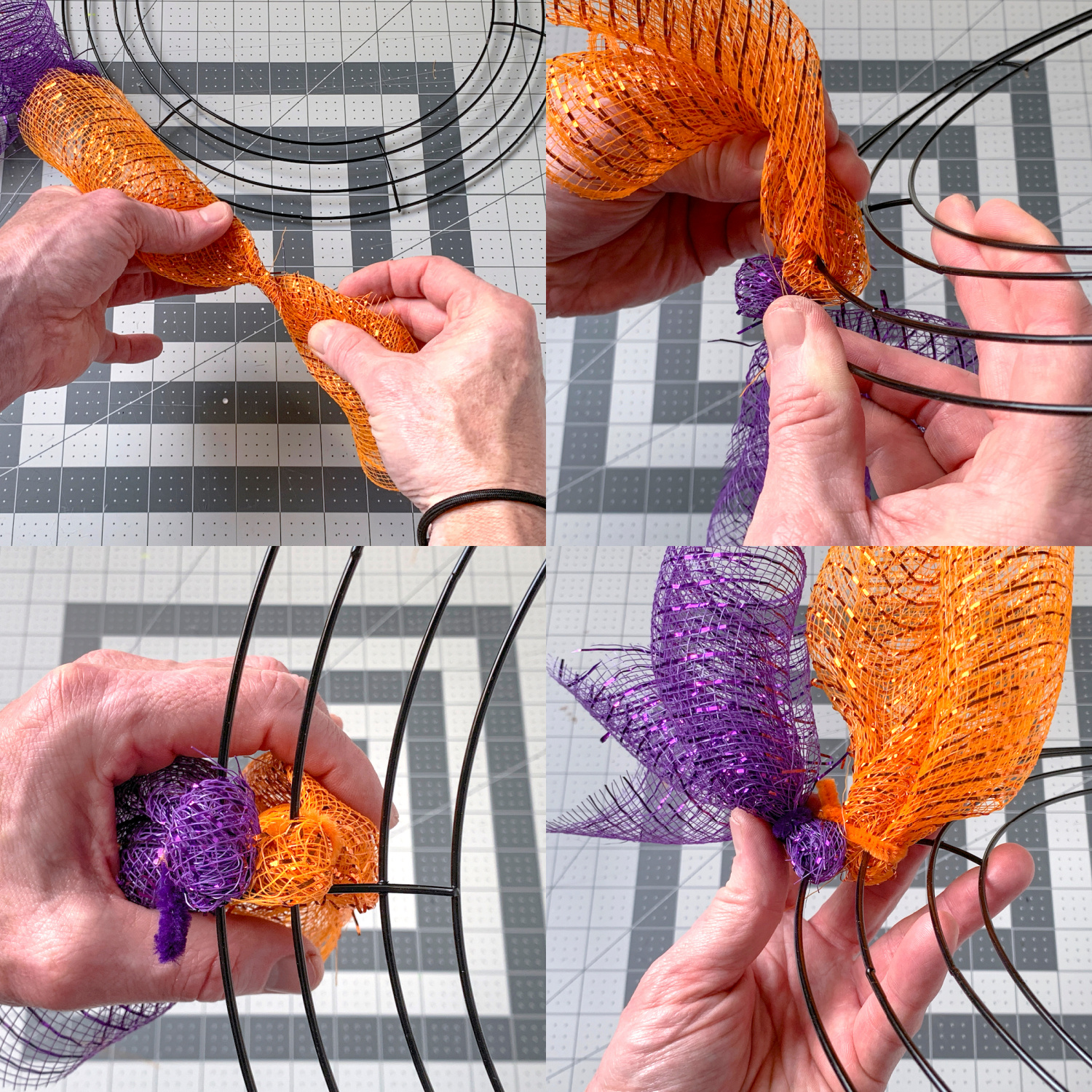 Wrapping purple and orange mesh around a wire wreath form