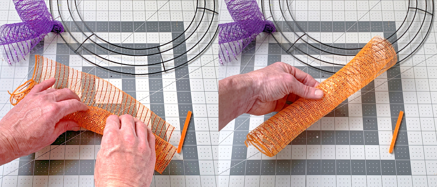 Rolling a piece of orange deco mesh into a tube