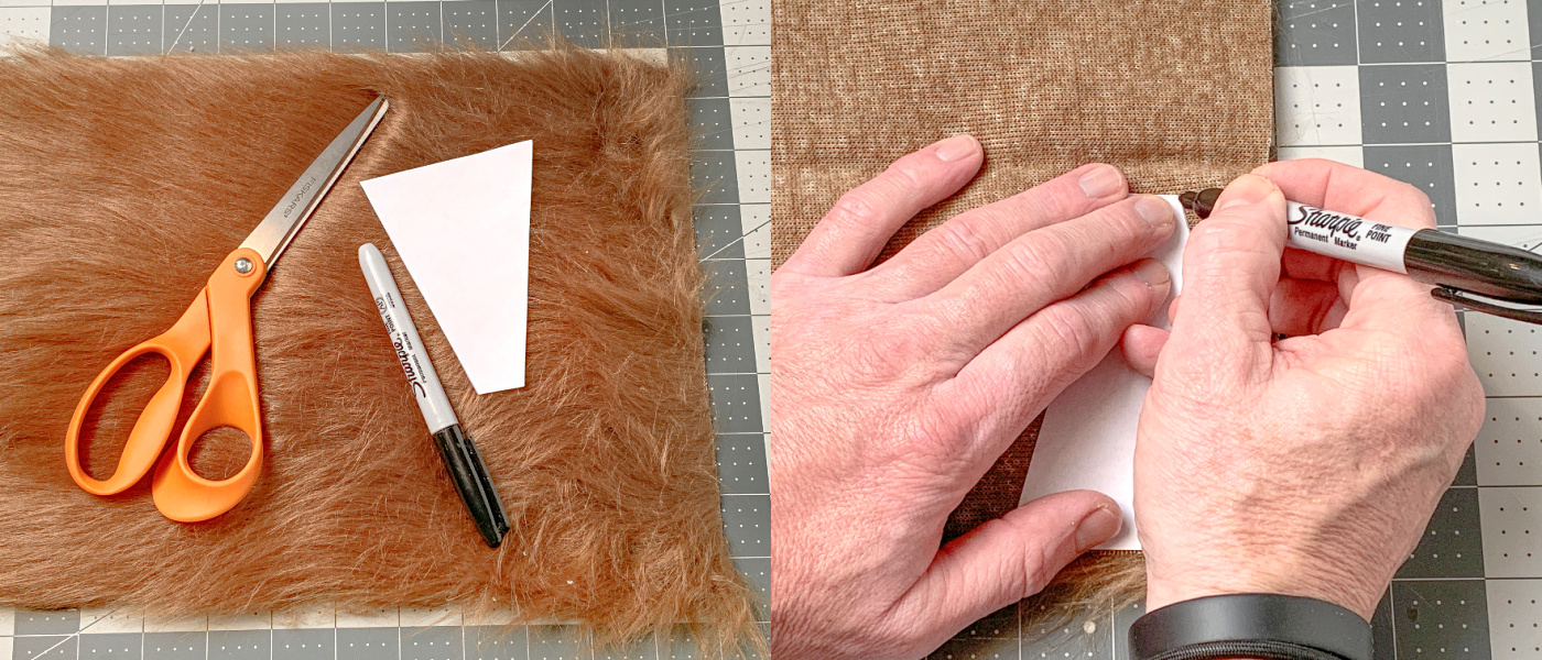 Tracing a beard template on the back of brown faux fur fabric