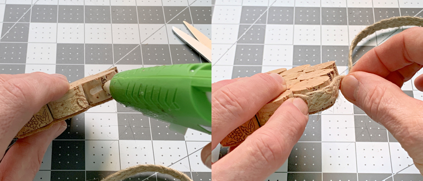 Adding hot glue to the edge of the corks and pressing down twine ribbon