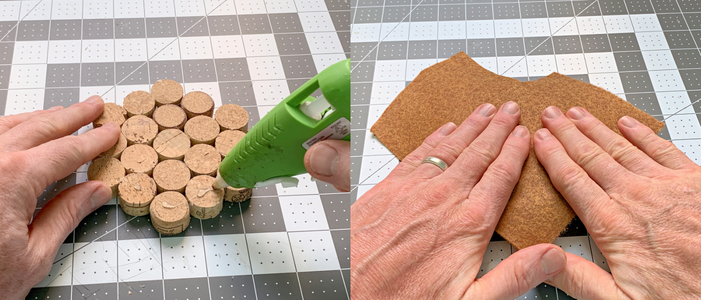 Applying hot glue to the corks and pressing felt down onto it