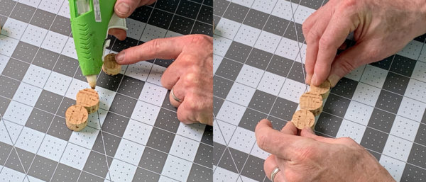 Gluing cut wine corks together with a hot glue gun