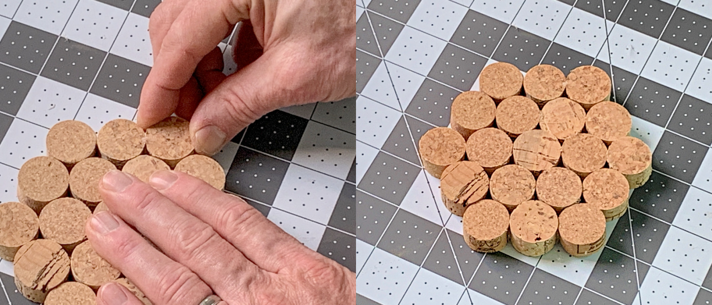 Pressing wine corks together to form a coaster