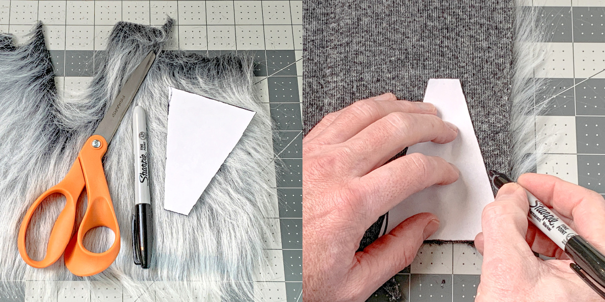 Tracing a beard template on the back of gray faux fur fabric