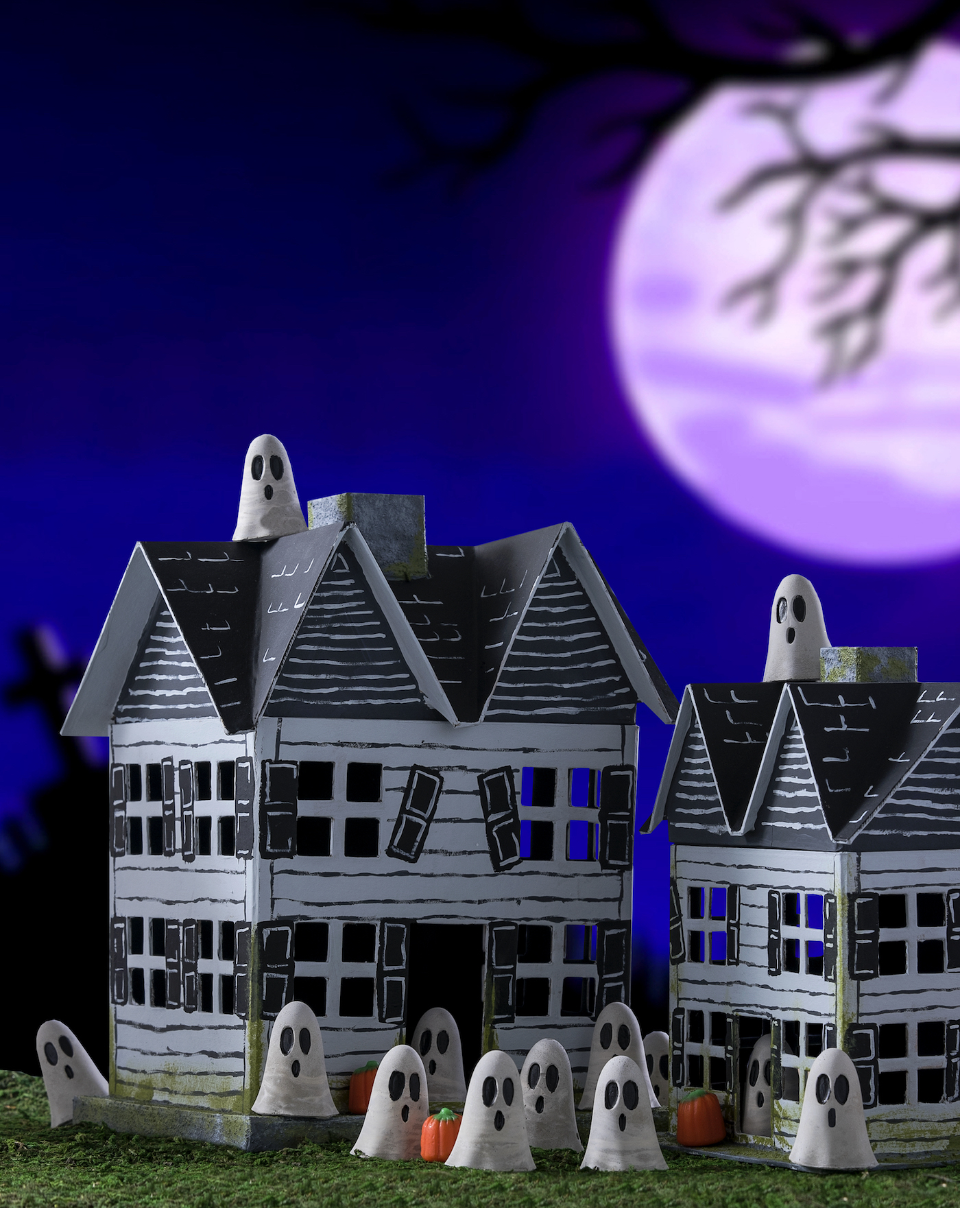 DIY Halloween village houses with mini ghosts