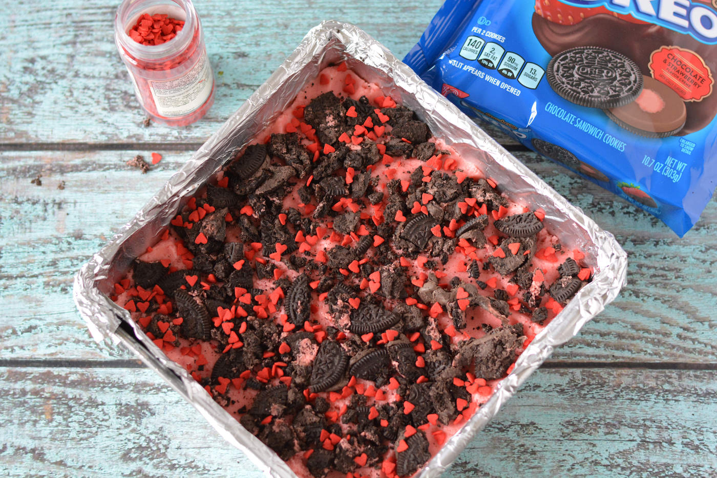 Oreos sprinkled on top of the brownie mix