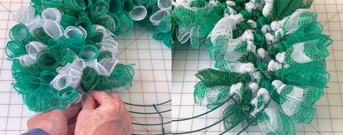 Attaching mesh pieces to the wreath form