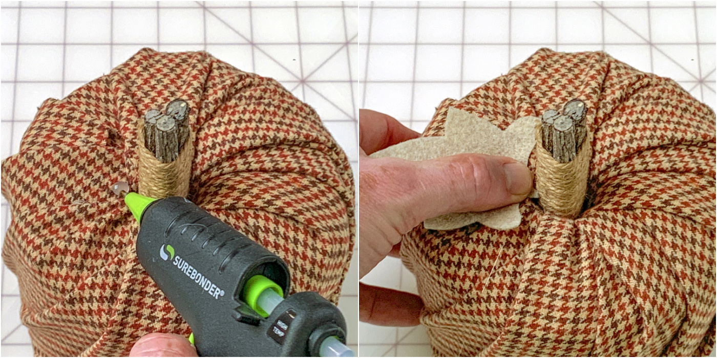 Hot gluing the leaves to the top of the roll
