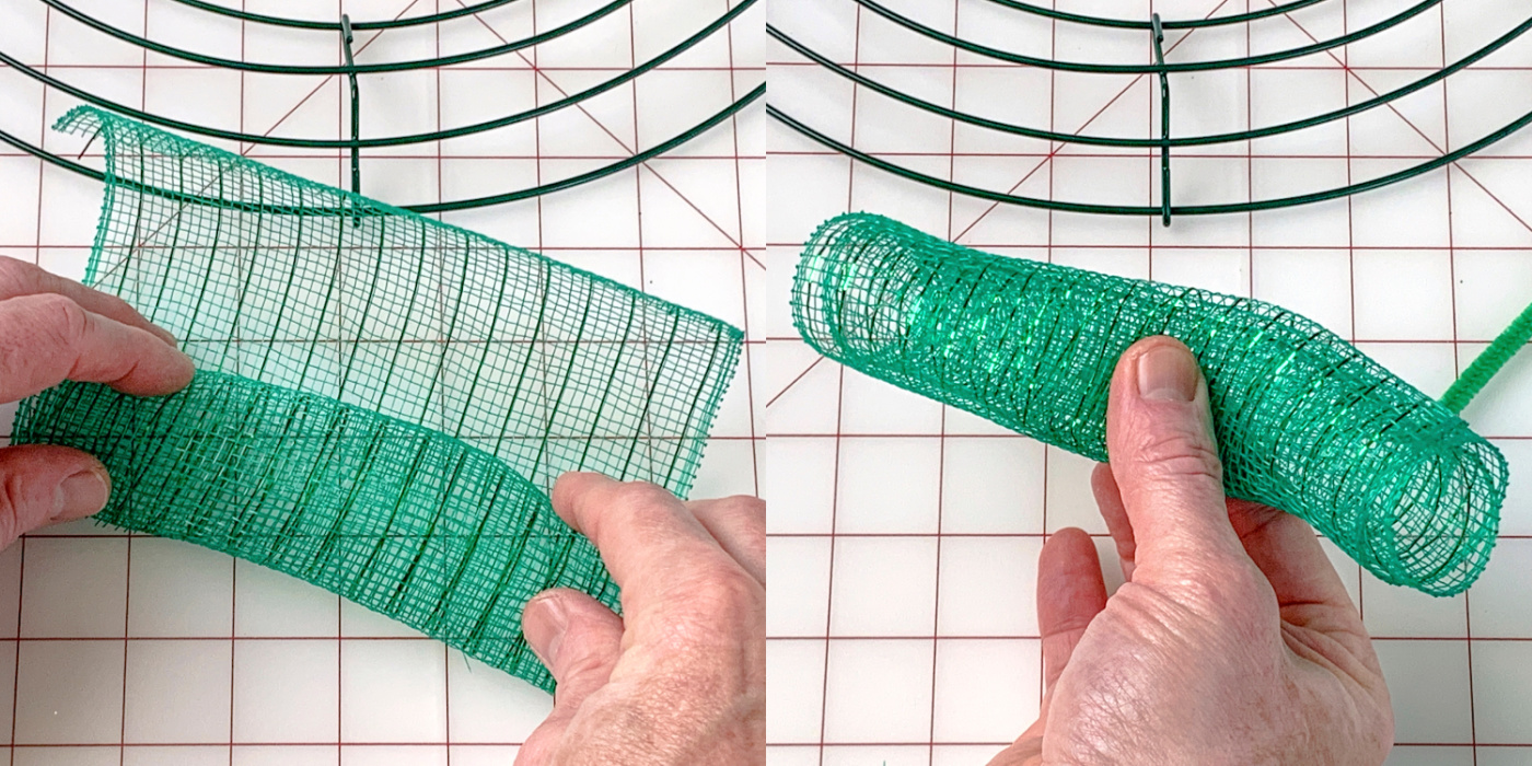 Rolling a piece of green deco mesh into a tube