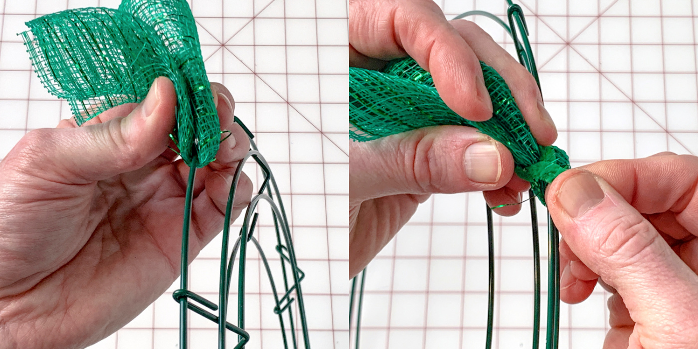 Wrapping a piece of green mesh around the wreath form and attaching with a pipe cleaner