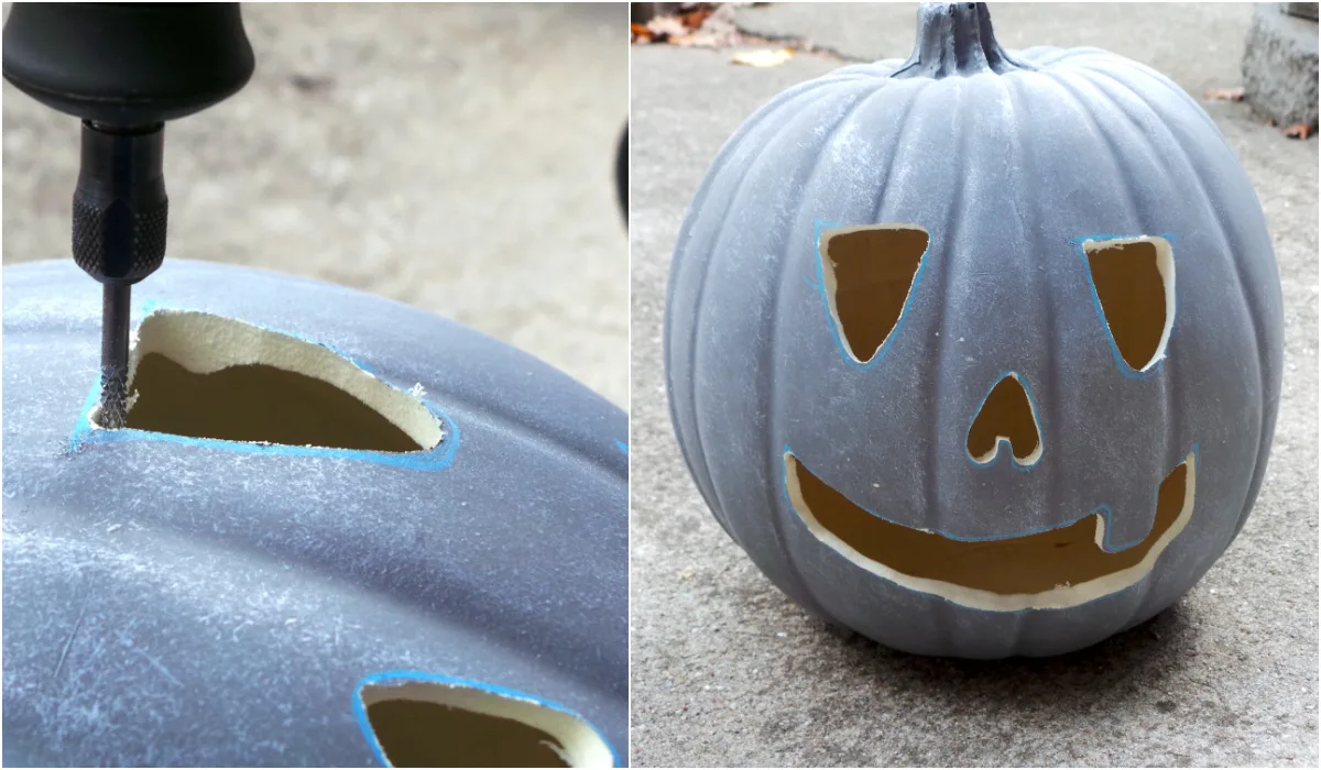Concrete faux pumpkin with a face cut out