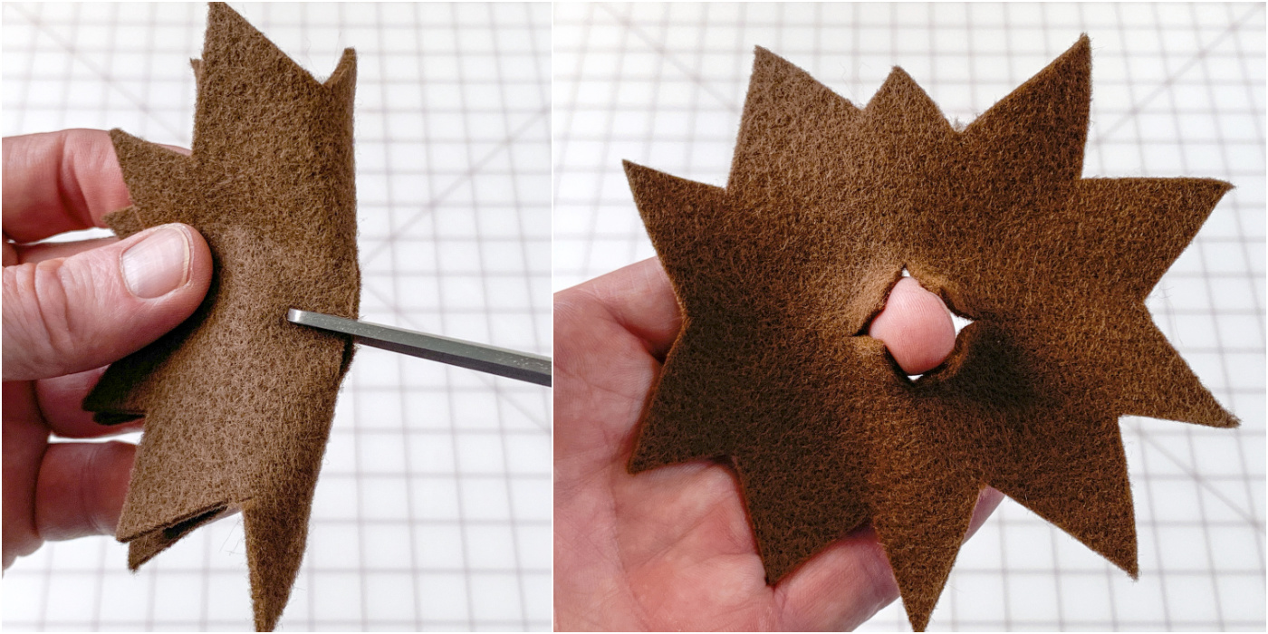 Cutting a slit in the middle of the felt with scissors