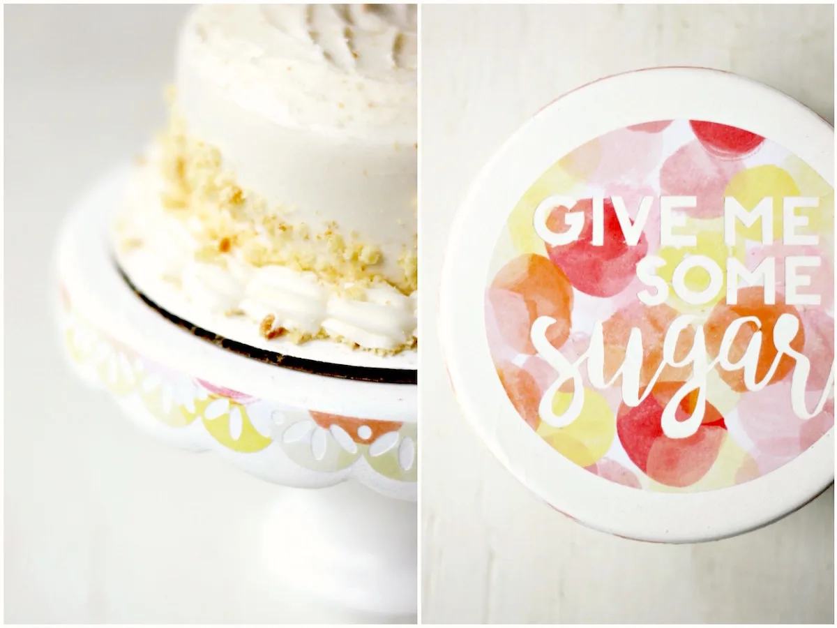Decorated cake plate with a cake on top