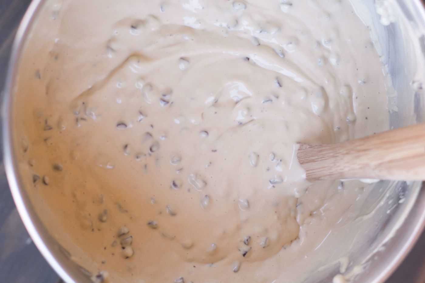 Mini chocolate chips mixed into the batter