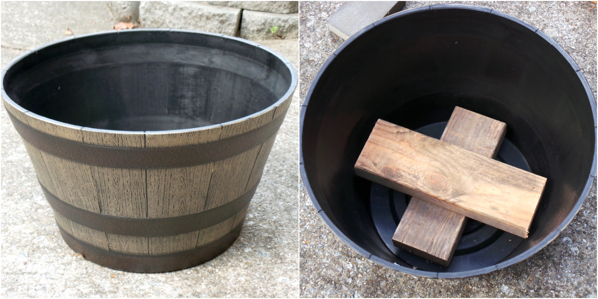 Planter with two pieces of wood in the bottom