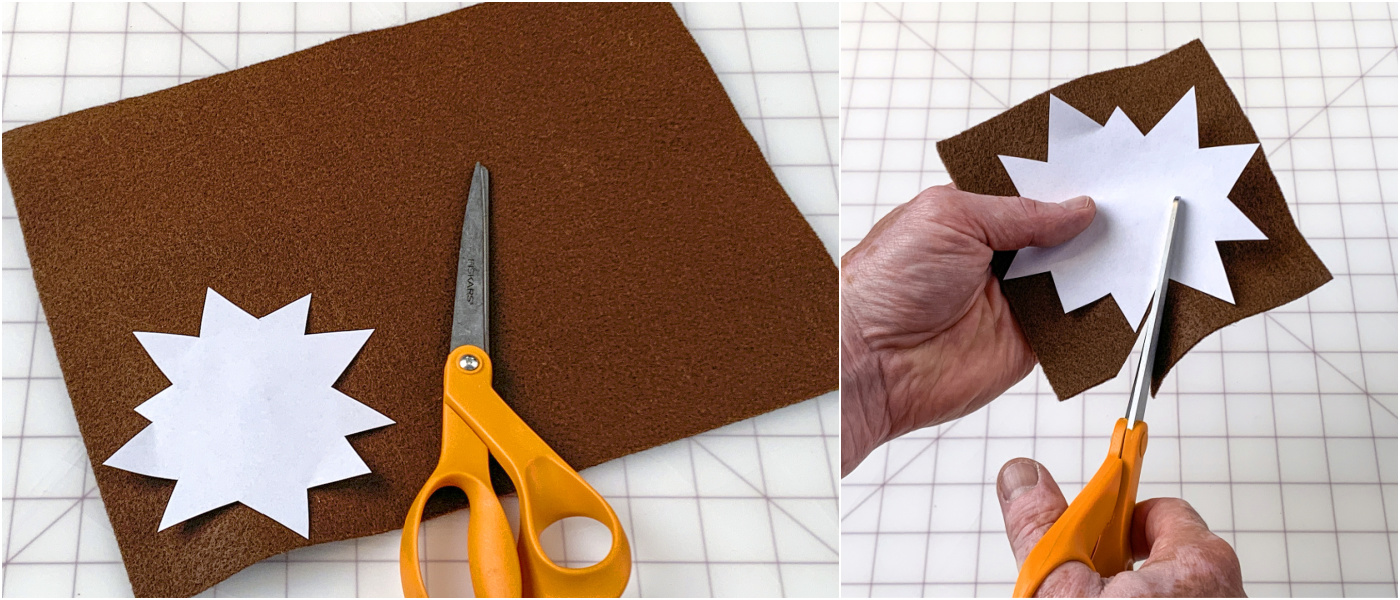 Using a template to cut stem pieces from felt