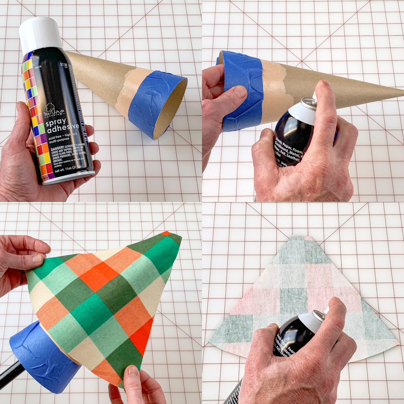 Applying green plaid fabric to the cone using spray adhesive