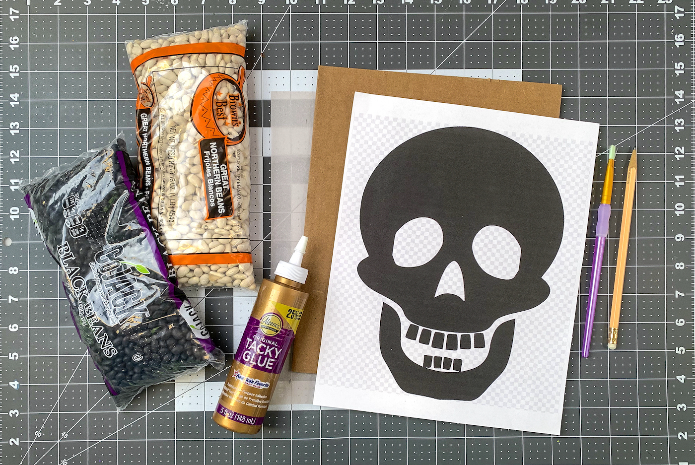 Cardboard, beans, glue, skull pattern, tracing paper, pencil, paintbrush