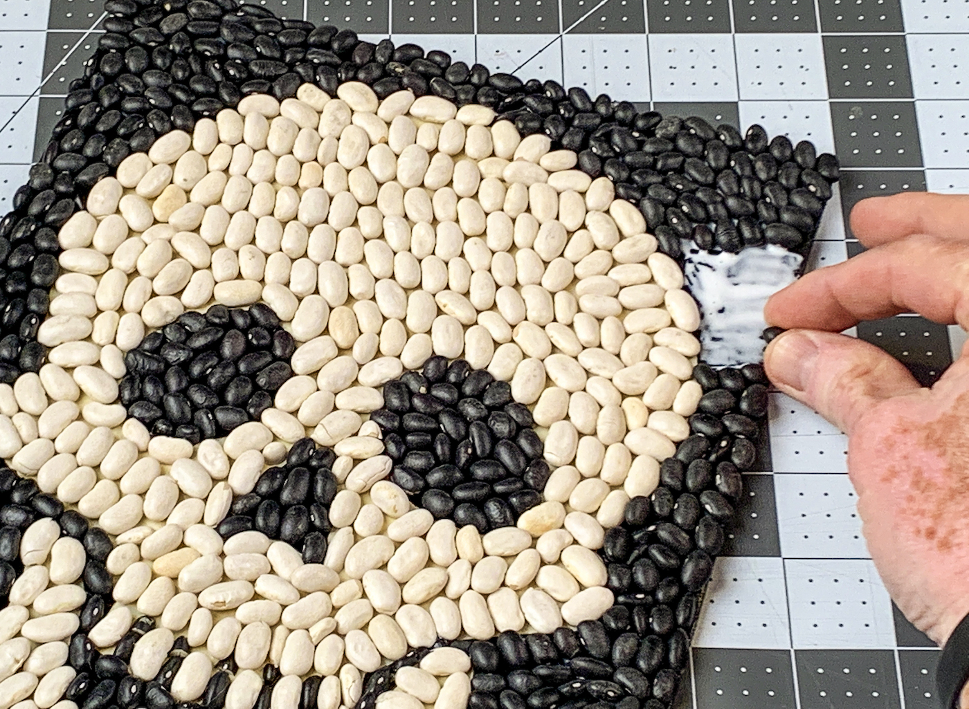 Finishing off the skull by adding black beans with glue