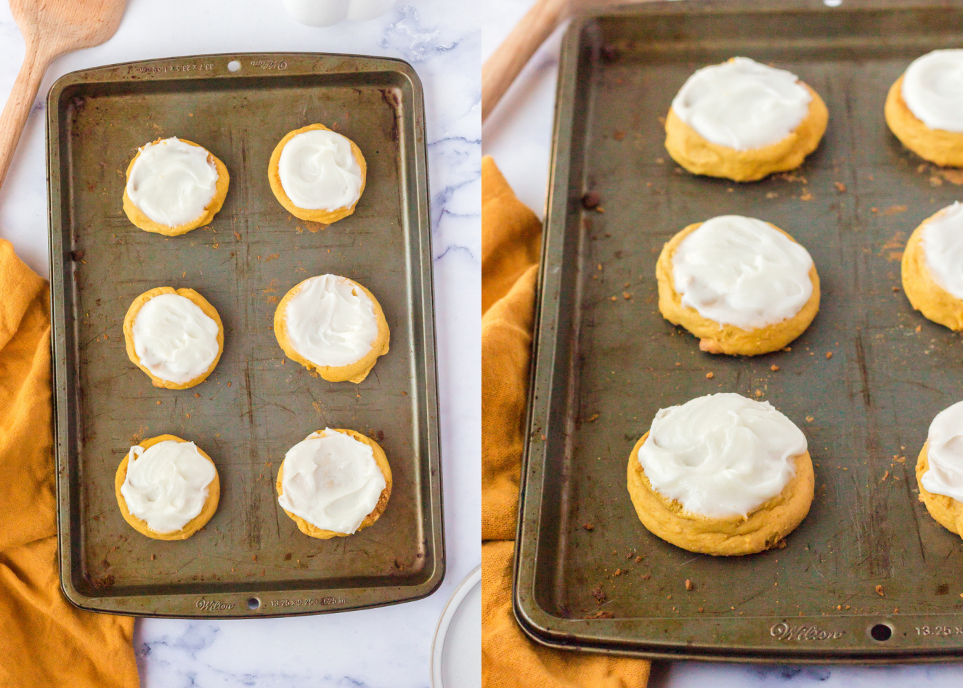 Frosted pumpkin cookies on a cookie sheet
