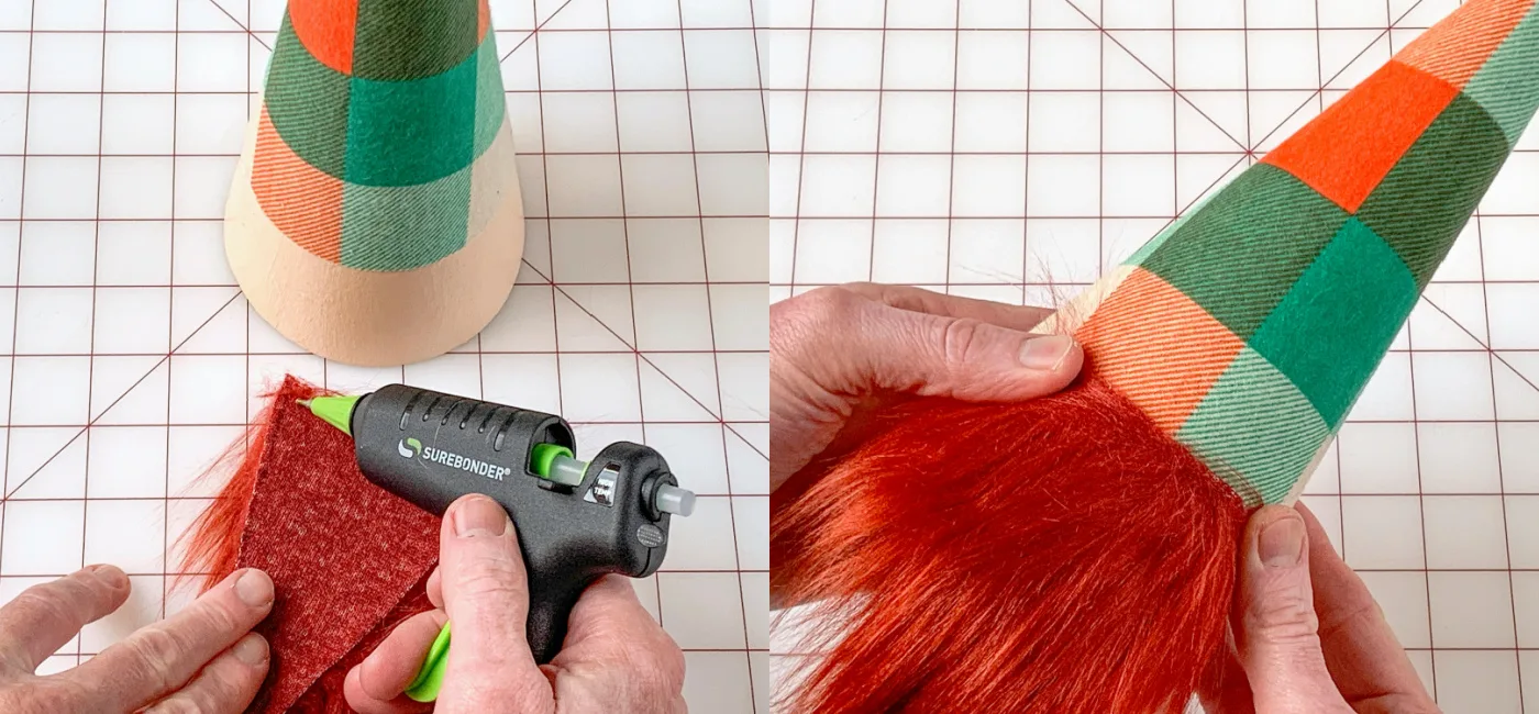 Gluing a brown beard to a St. Patrick's Day gnome