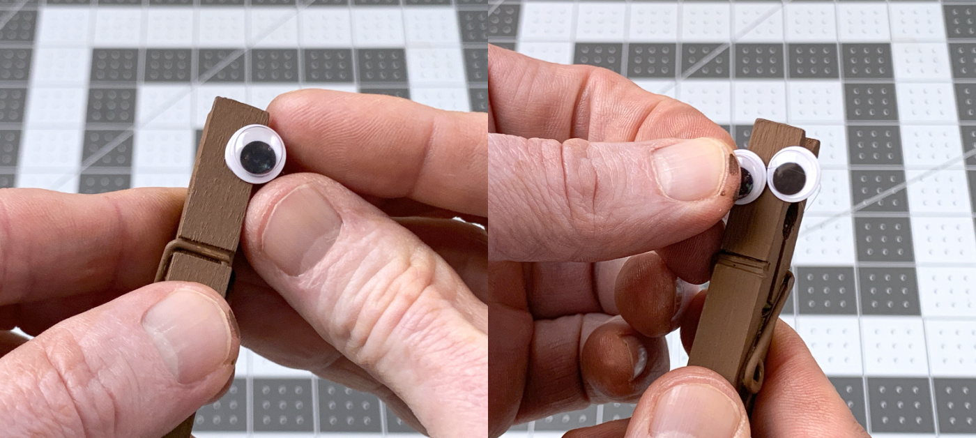 Gluing the googly eyes onto the clothespin