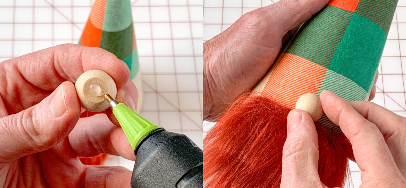 Gluing the wood nose to the front of the st patty gnome