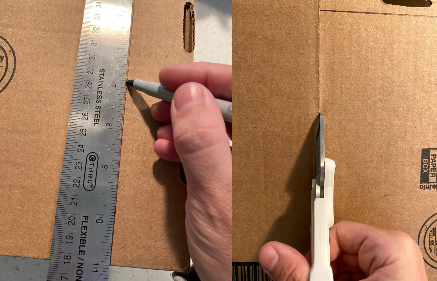 Measuring and cutting a cardboard box with scissors