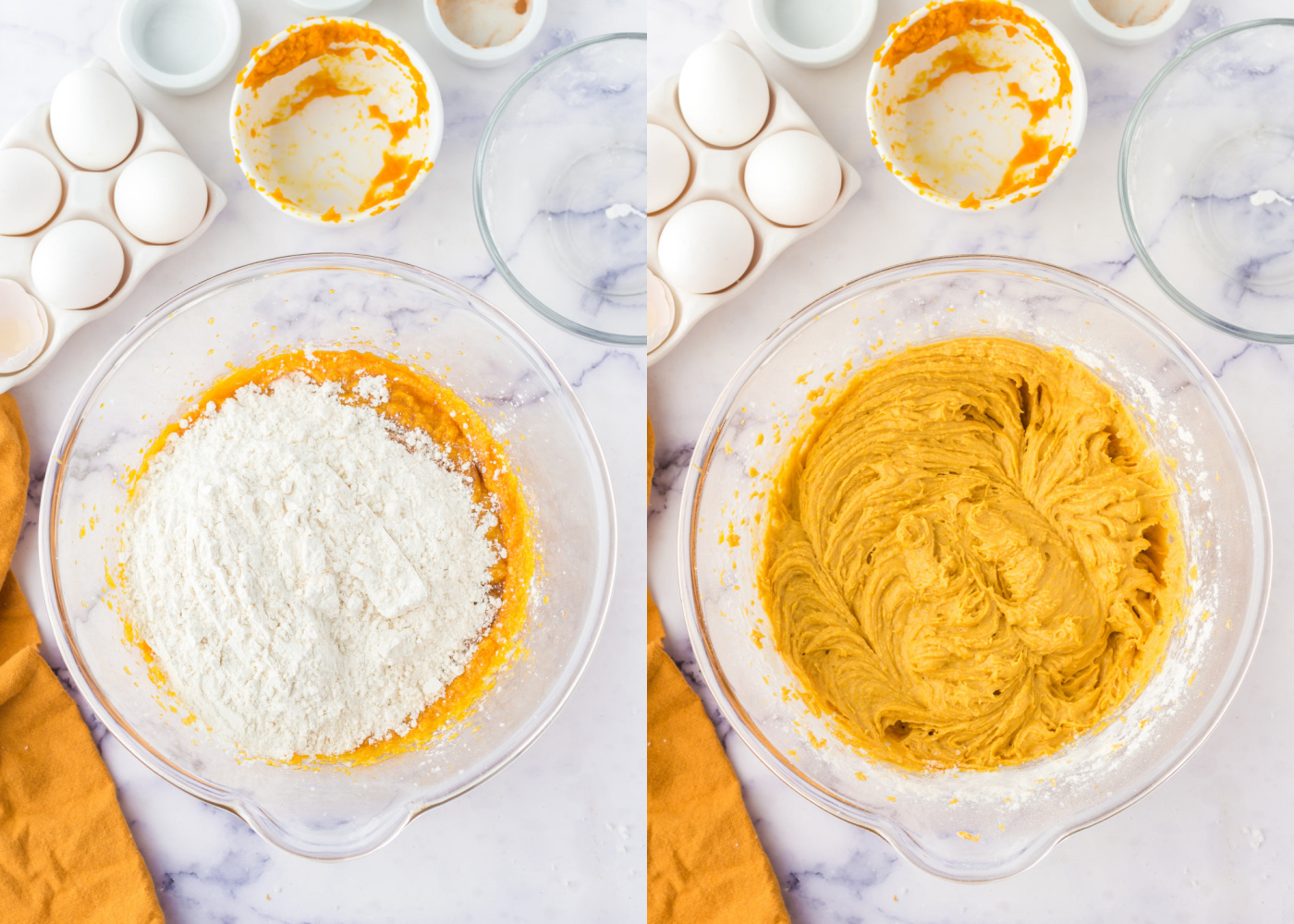 Mixing the flour into the pumpkin cookie dough