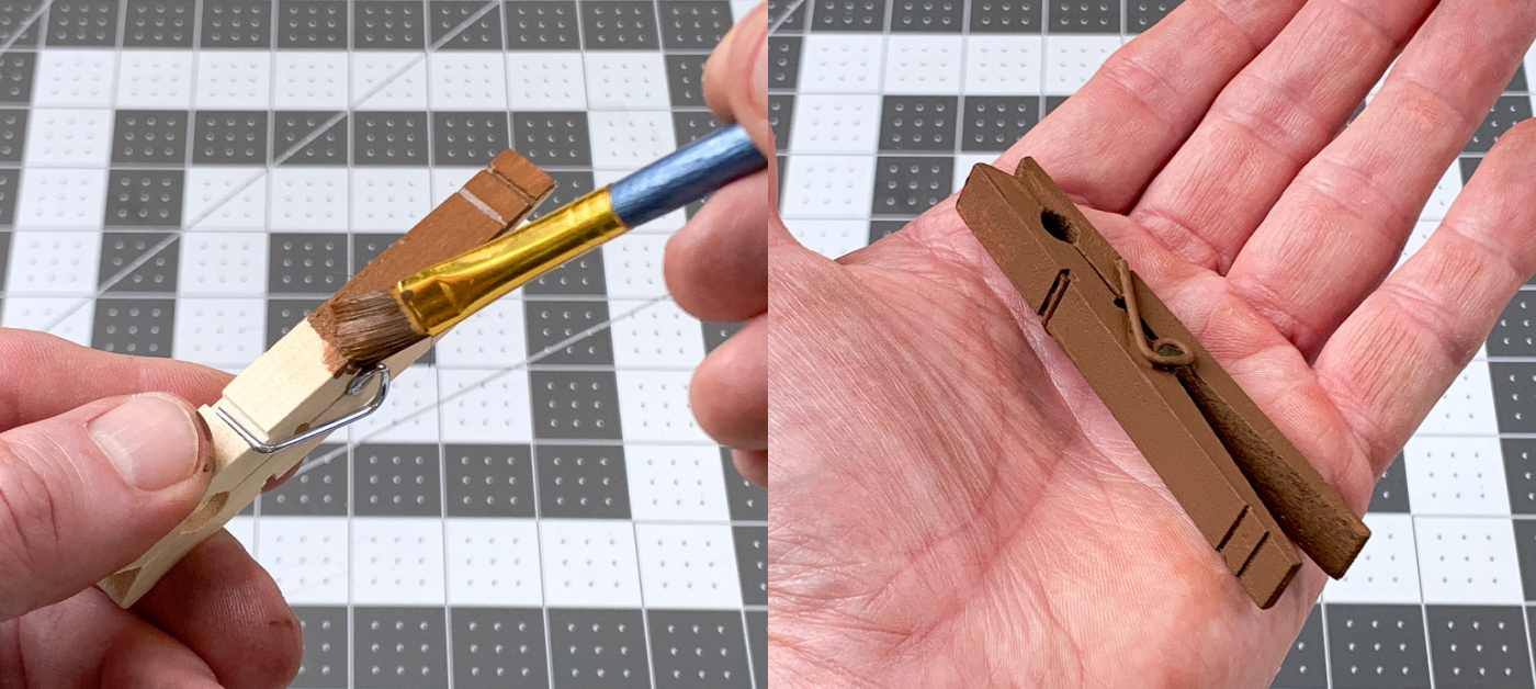 Painting a clothespin with brown paint