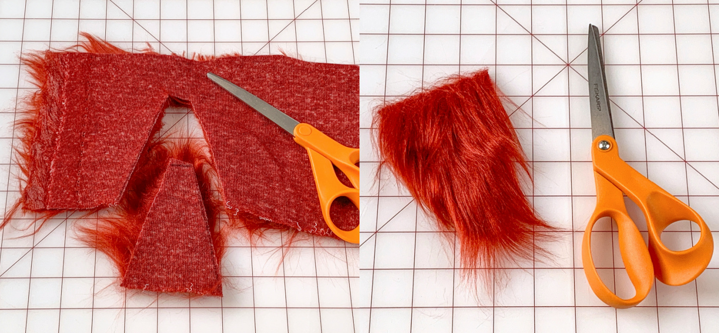Piece of red faux fur beard cut out